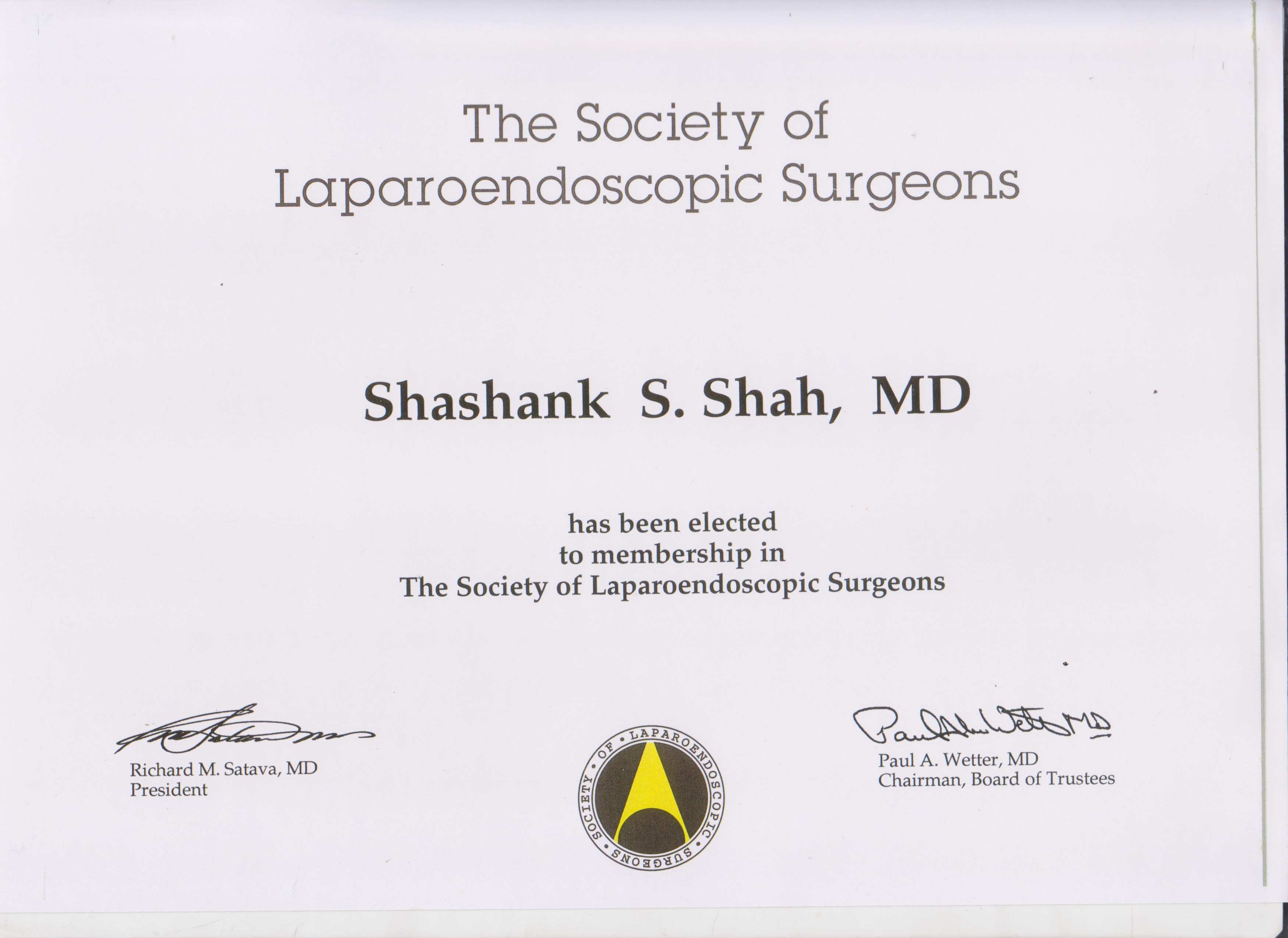 Dr Shashank Shah’s Certificate of Membership to the Society of Laparoendoscopic Surgeons.